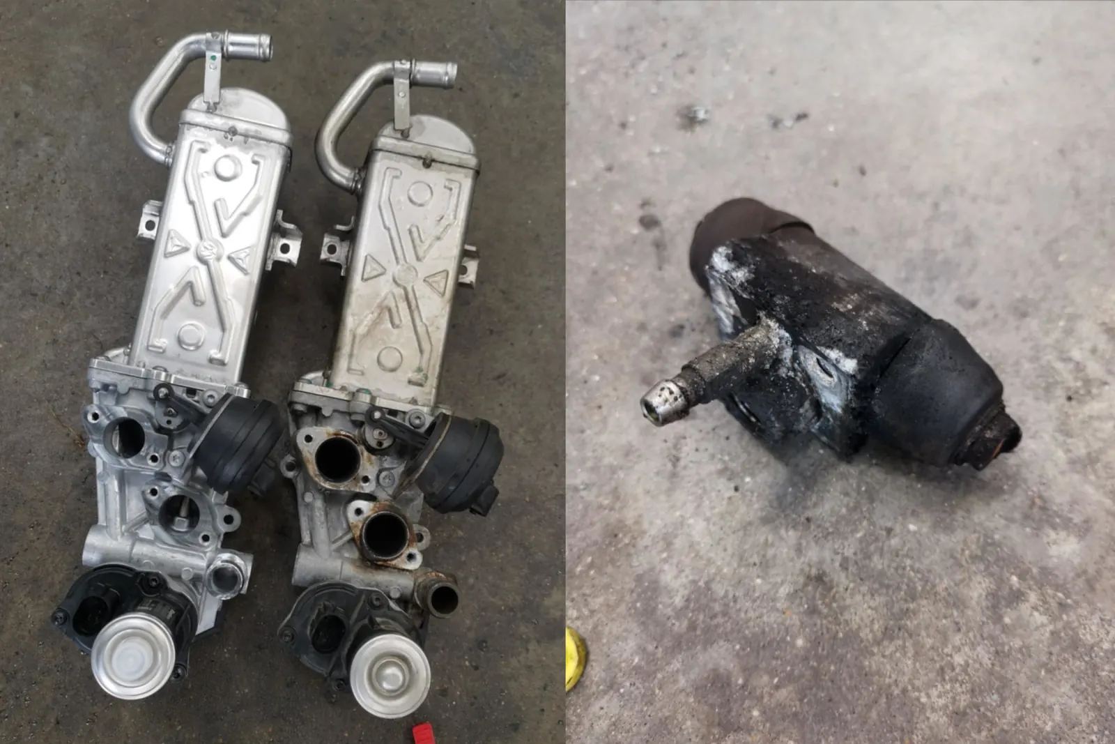 Vehicle parts and tools laid out in the workshop